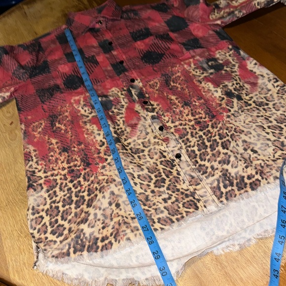 One 24 Red Black Plaid button down shirt with cheetah design/raw hem - Picture 5 of 12